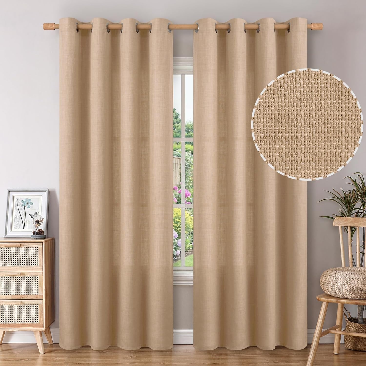 Tan Curtains 84 Inch for Living Room - Light Filtering Faux Linen Look with Burlap Texture, Rustic Farmhouse Window Panels (Set of 2, 52" Wide)