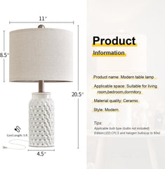 20.5" White Modern Ceramic Bedside Lamp Set of 2 for Bedroom Decor Farmhouse Table Lamp for Living Room Office Dorm