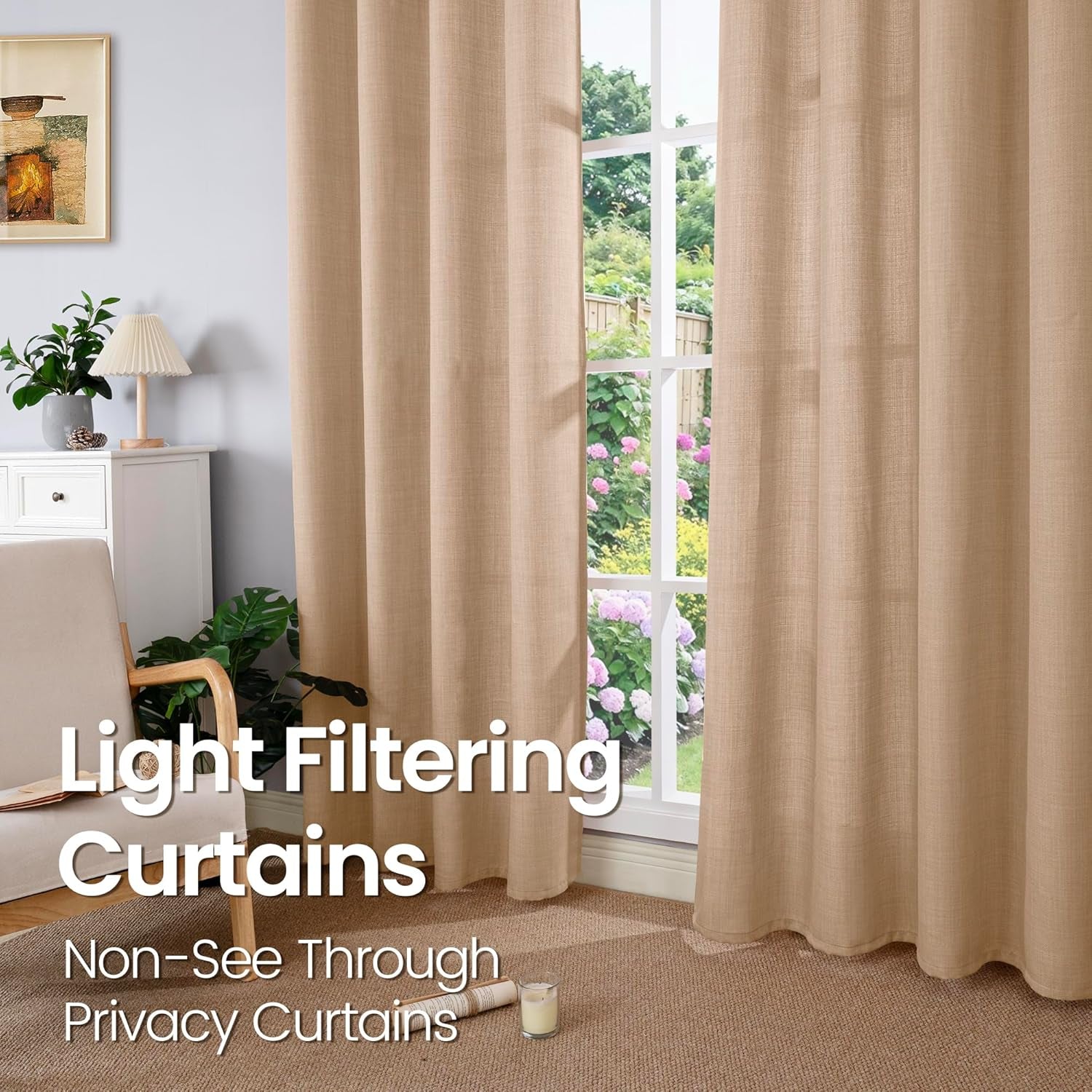 Tan Curtains 84 Inch for Living Room - Light Filtering Faux Linen Look with Burlap Texture, Rustic Farmhouse Window Panels (Set of 2, 52" Wide)