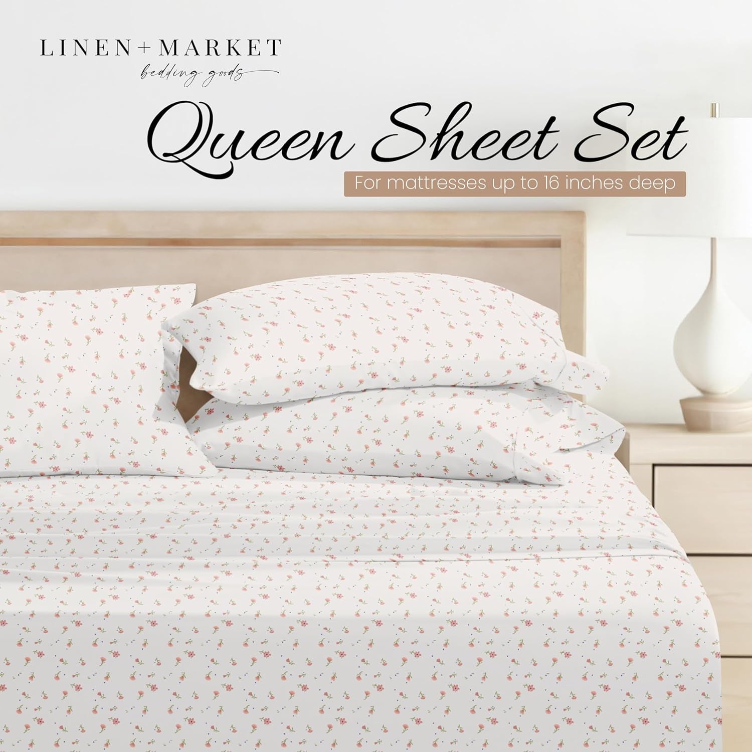 4 Piece Queen Sheet Set - Breathable, Double-Brushed Patterned Cooling Sheets – Oeko-Tex Certified Ultra Soft & Wrinkle-Free 16" Deep-Pocket Queen Sheets - Easy Care Soft Floral Pink