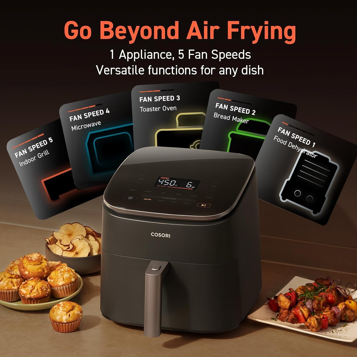 Air Fryer 9-In-1, Compact & Large 6-Qt, Fast Turbo Modes, 90–450°F Precise Heat for Even Results, up to 95% Less Oil*, Roast, Bake, Dry, Reheat, Frozen, Broil, Proof, 120V, Turboblaze, Grey