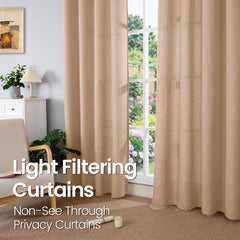 Tan Curtains 84 Inch for Living Room - Light Filtering Faux Linen Look with Burlap Texture, Rustic Farmhouse Window Panels (Set of 2, 52" Wide)