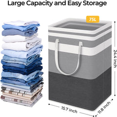 2 Pack Large Laundry Baskets, Waterproof, Freestanding Laundry Hampers, Collapsible Clothes Hamper with Reinforced Handles in Laundry Room, College Dorm, Bathroom, Bedroom (Grey, 75Lx2)