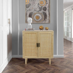 Sideboard Buffet Cabinet, Kitchen Storage Sideboard with Rattan Decorated Doors, Liquor Coffee Buffet, Dining Room, Hallway, Console Table, Accent Cabinet, 31.5X 15.8X 34.6 Inches, Natural
