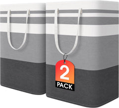 2 Pack Large Laundry Baskets, Waterproof, Freestanding Laundry Hampers, Collapsible Clothes Hamper with Reinforced Handles in Laundry Room, College Dorm, Bathroom, Bedroom (Grey, 75Lx2)