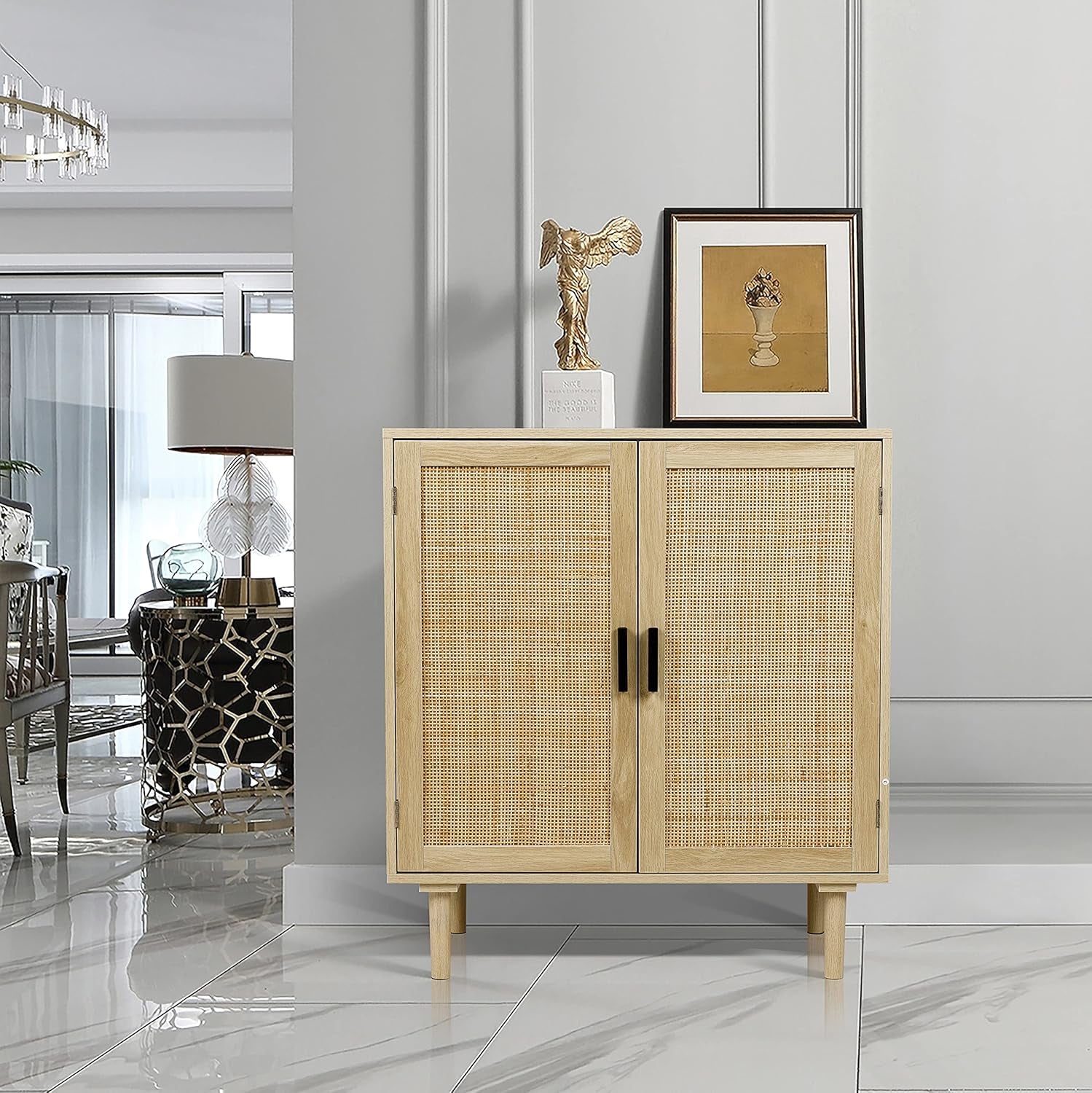 Sideboard Buffet Cabinet, Kitchen Storage Sideboard with Rattan Decorated Doors, Liquor Coffee Buffet, Dining Room, Hallway, Console Table, Accent Cabinet, 31.5X 15.8X 34.6 Inches, Natural